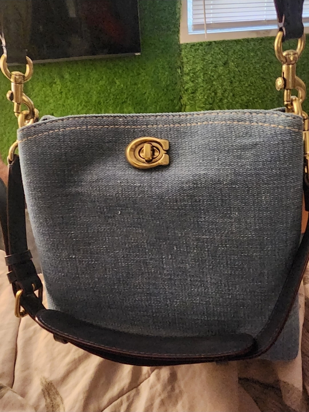 Coach Denim Crossbody with Gold Turnlock and Black Strap